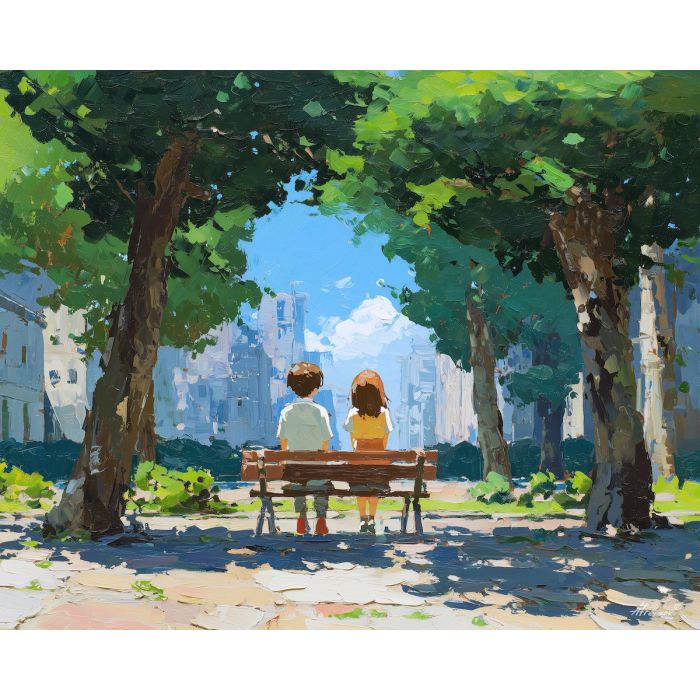 anime park scene, city trees art, dappled light painting, park bench moment, slice of life mood, soft green palette, skyline background, quiet conversation, youth friendship