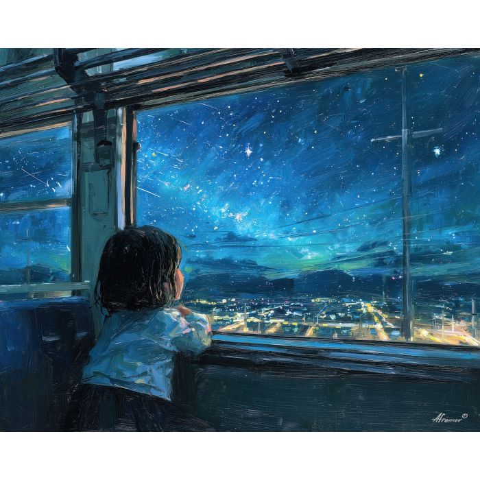 anime train scene, night journey art, starry sky reflection, city lights streak, introspective character, travel atmosphere, blue purple palette, moving train window, dreamy anime mood, palette knife night sky