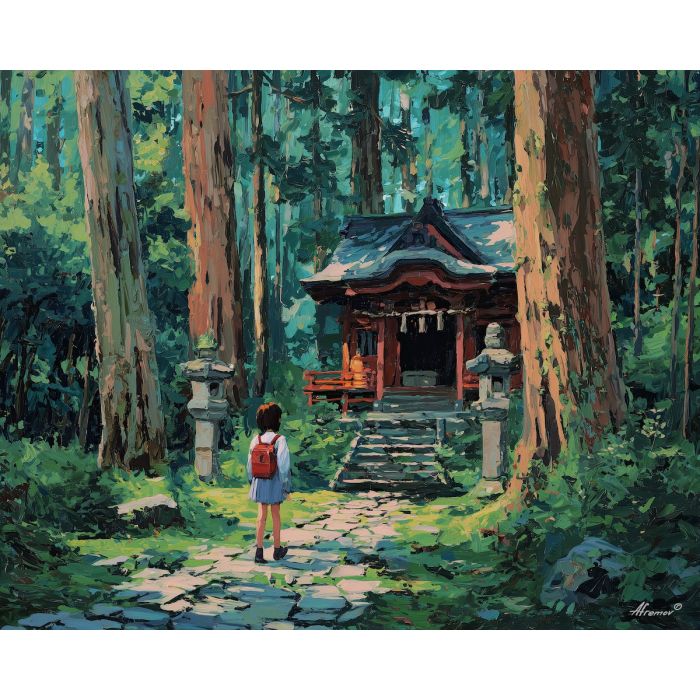 anime mountain shrine, tall cedar forest, spiritual path art, lone traveler painting, green brown palette, calm wilderness anime, misty mountain feel