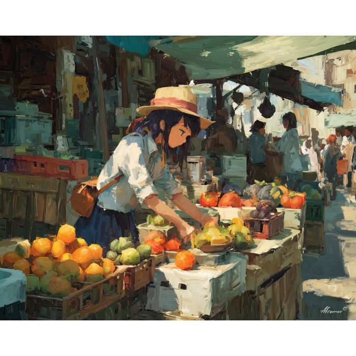 anime street market, fruit stall art, morning sunlight scene, small shops painting, slice of life everyday, warm yellow tones, neighborhood vibe, casual street anime