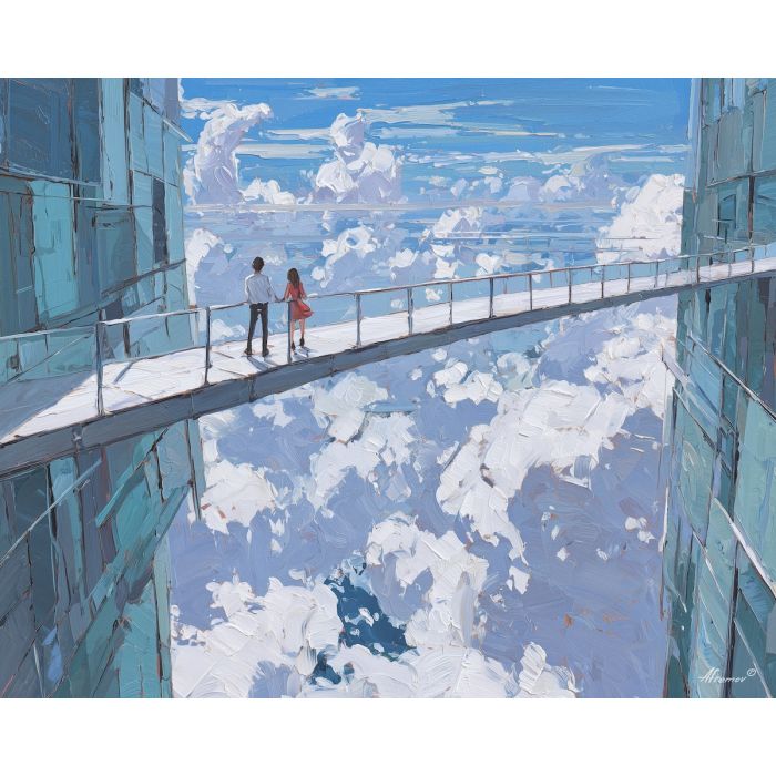 anime skyscrapers, sky bridge scene, futuristic city art, drifting clouds below, glass towers, sci fi anime vibe, blue cyan palette, elevated walkway, light filled sky