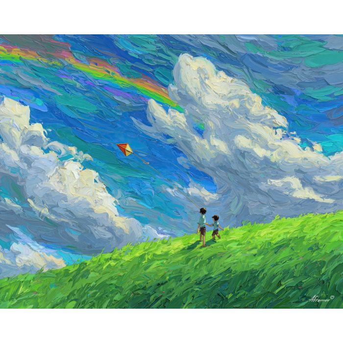 anime hill, kite flying art, bright green grass, faint rainbow sky, children playing scene, cheerful anime mood, blue sky clouds, colorful feel good painting
