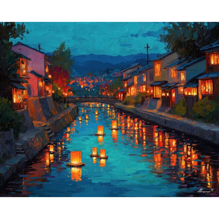 anime lanterns, river festival art, dusk sky painting, glowing reflections, calm water scene, traditional town vibe, warm purple palette, gentle celebration atmosphere