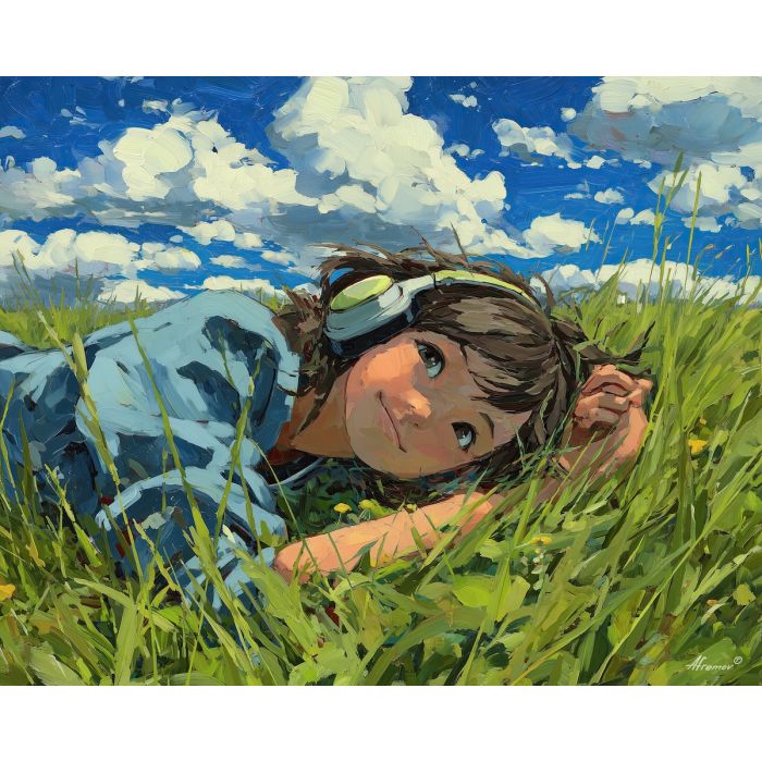 anime meadow, tall grass art, headphones character, peaceful sky clouds, relaxed summer scene, soft green palette, gentle wind mood, slice of life nature