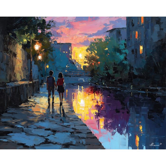 anime canal, stone path art, sunset reflection scene, romantic walk, warm city evening, pastel orange water, architecture and water, gentle anime romance