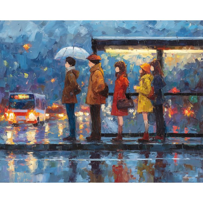 anime bus stop, heavy rain scene, blurred headlights art, waiting in shelter, gray blue mood, reflective puddles, urban slice of life, wet street reflections