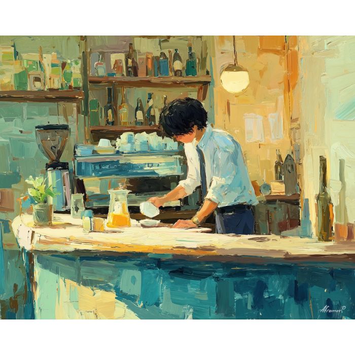 anime cafe, barista character, warm afternoon light, cozy coffee shop art, city corner scene, slice of life painting, relaxed social mood, wooden furniture, gentle sun glow