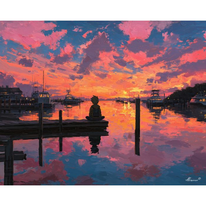 anime harbor, sunset sky reflection, boats at dock, glowing clouds art, seaside evening painting, orange pink water, calm ocean anime, contemplative character, warm horizon