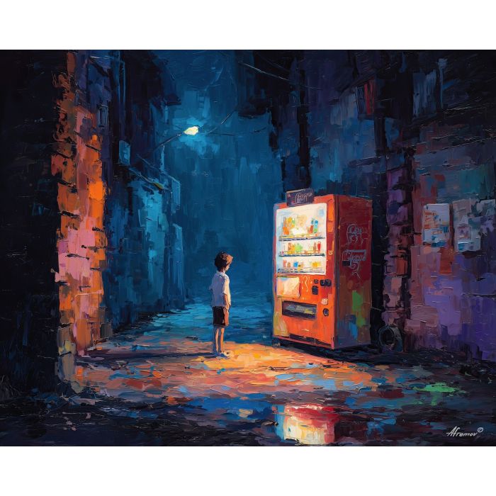 anime vending machine, night alley art, glowing machine light, rainy puddle reflections, moody blue tones, solitary character scene, neon accent painting
