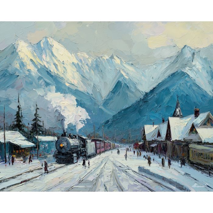 anime mountain station, snow covered tracks, steam rising art, cold winter scene, alpine village mood, white blue palette, cozy building lights, travel atmosphere