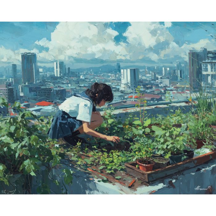 anime rooftop garden, skyscraper background, city plants art, gardening character, soft sky clouds, urban oasis scene, green city palette, relaxed lifestyle anime