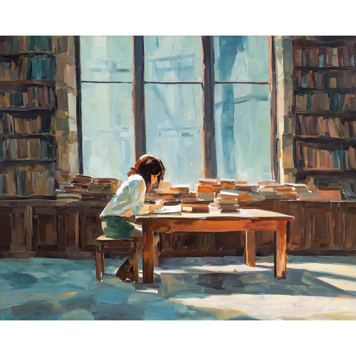 anime library, reading student art, tall windows light, wooden table scene, bookshelves painting, quiet study mood, warm filtered light, academic anime vibe