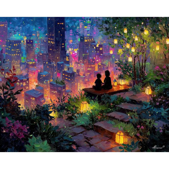 anime rooftop party, night garden art, lantern lights, fairy string lights, friends gathering, cozy city scene, warm night colors, urban oasis