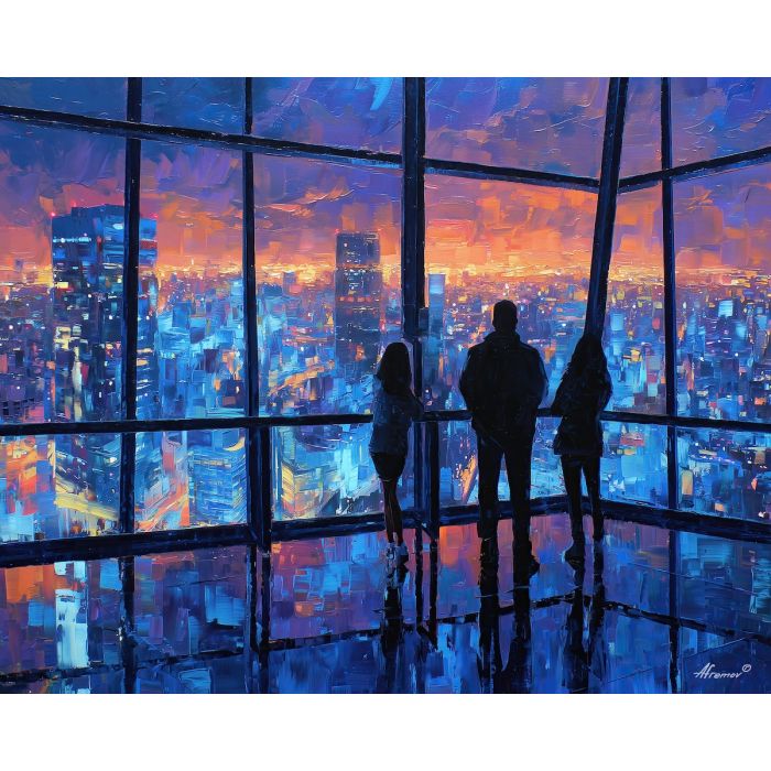anime observatory, night skyline art, glass deck scene, sprawling city lights, romantic viewing spot, blue violet palette, modern city anime, panoramic view painting