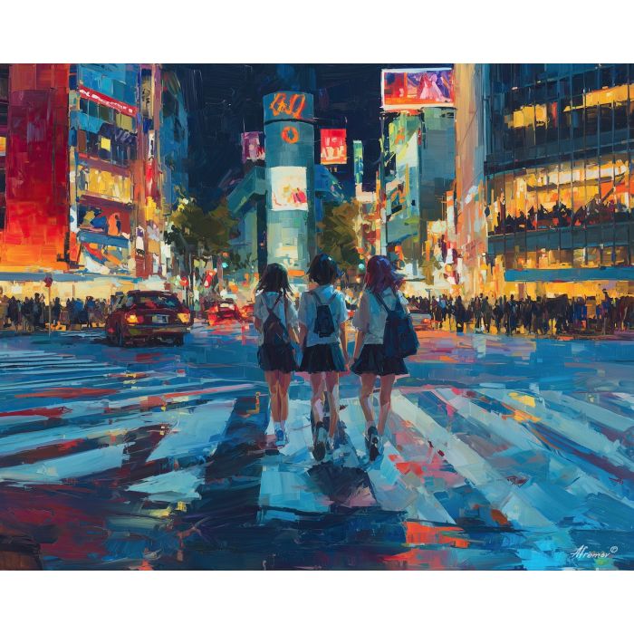 anime crosswalk, busy city lights art, colorful billboards, night downtown painting, group of friends scene, neon advertising, modern anime city vibe, urban energy