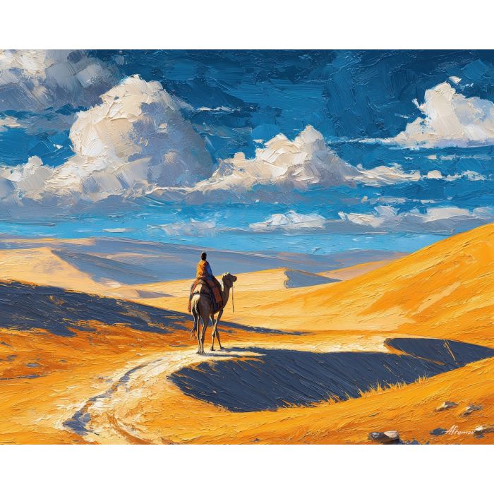 anime desert, sand dunes art, caravan road painting, golden sunset sky, travel adventure anime, warm orange palette, wandering traveler scene, fantasy journey