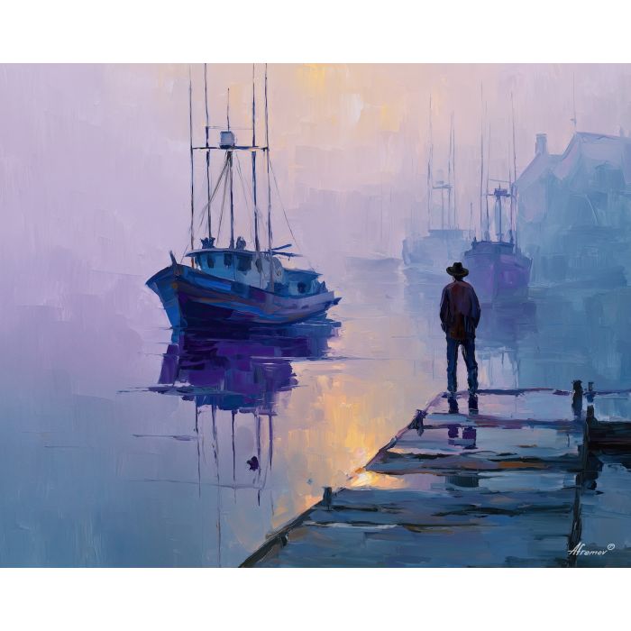 anime harbor, fisherman dock art, misty morning light, soft pastel sky, quiet ocean scene, calm boats painting, cool muted palette, reflective mood anime