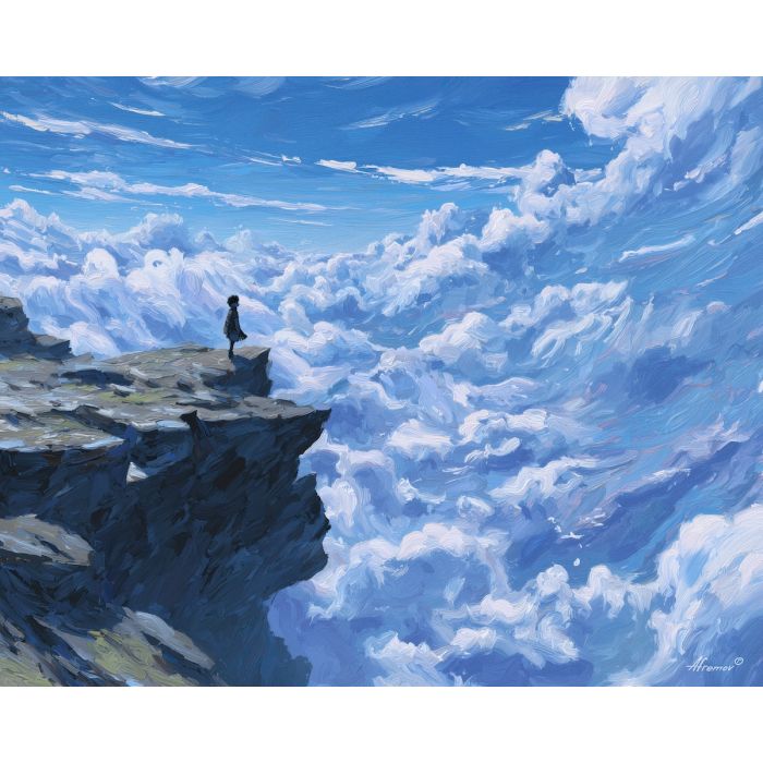 anime cliff view, sea of clouds art, high altitude scene, fantasy horizon, epic landscape anime, blue white palette, sense of awe, open sky painting