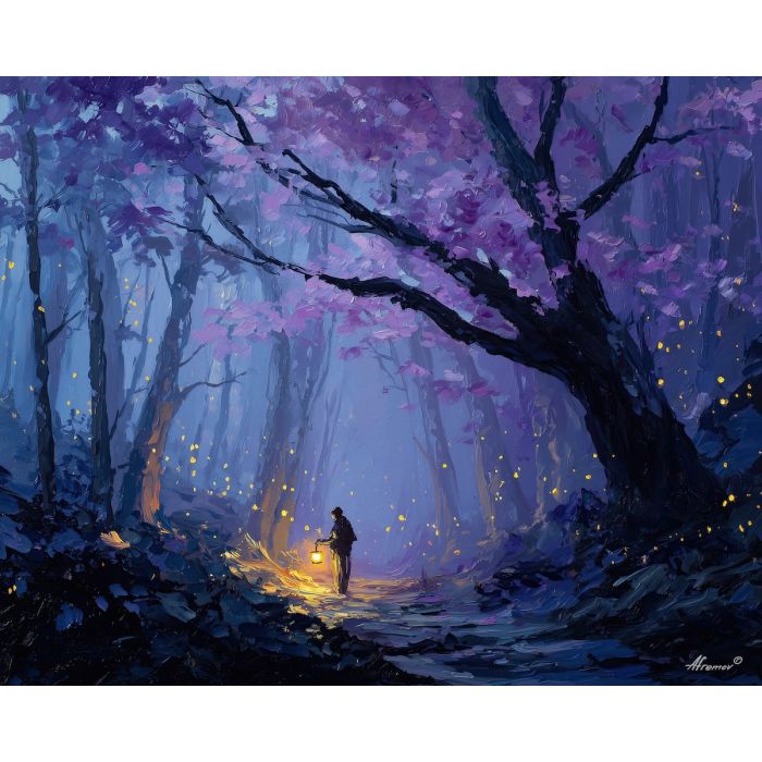 anime forest, misty trees art, spirit lights painting, lantern glow, fantasy woodland path, mysterious atmosphere, green blue palette, magical anime scene, quiet exploration, palette knife foliage