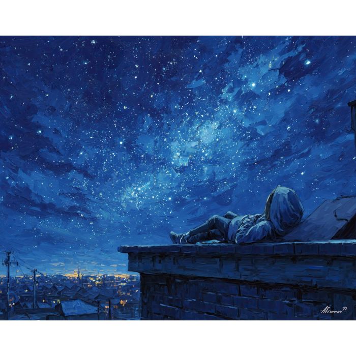 anime starry sky, rooftop night scene, hoodie character, city glow horizon, dreamy stargazing art, blue navy palette, peaceful night mood, urban quiet moment