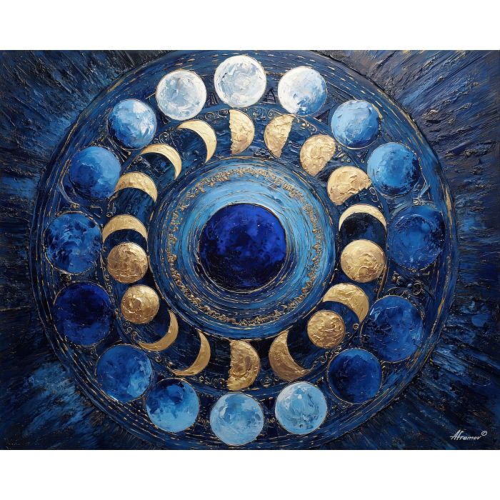 moon mandala, lunar phases art, indigo celestial pattern, night sky symmetry, cosmic moon wheel, astronomical mandala design, circular moon cycle