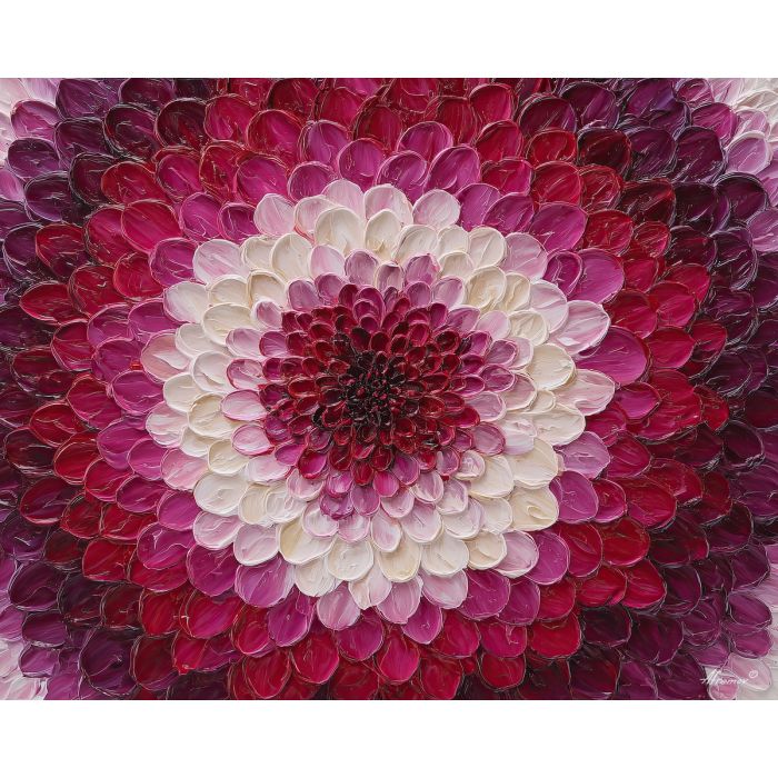 ruby mandala, red floral pattern, magenta petals art, rich warm tones, circular bloom symmetry, bold mandala design, elegant red palette, geometric flower motif