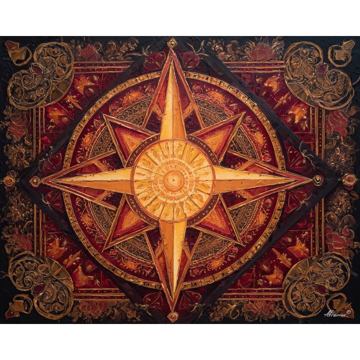 compass mandala, four point symmetry, gold red palette, directional mandala art, geometric compass pattern