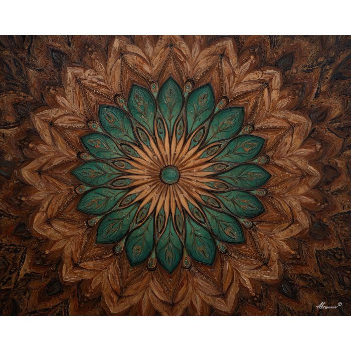 earth tone mandala, root pattern art, brown copper green palette, organic symmetry, natural geometric art, grounded mandala design