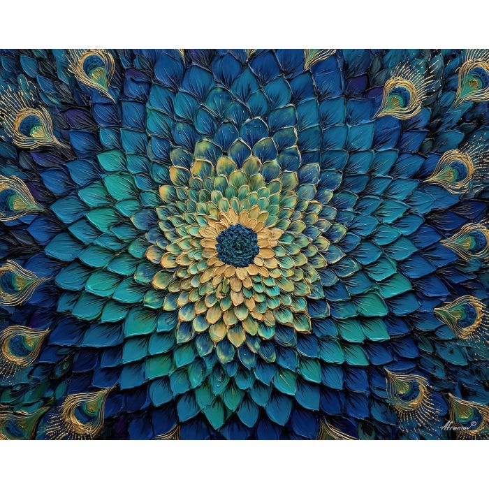 peacock mandala, teal gold indigo art, feather pattern symmetry, luxurious mandala design, ornate geometric feathering, circular peacock motif, elegant symmetrical art, radiant jewel tones