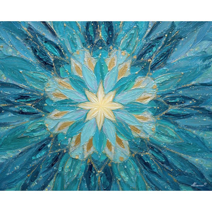 star mandala, turquoise gold palette, glowing star symmetry, radiant geometric layer, cosmic mandala design
