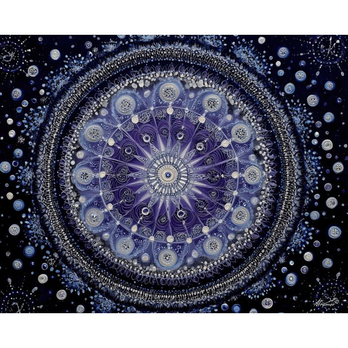 cosmic mandala, star pattern art, interlocking rings design, purple silver palette, midnight blue mandala, celestial symmetry, astral wheel design, geometric starburst, galaxy inspired pattern, mystical mandala art