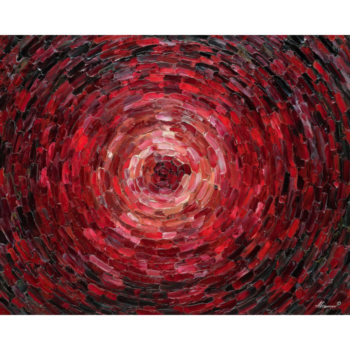 red mandala, crimson wave pattern, rippling symmetry design, warm red palette art, geometric wave circle, energetic mandala style