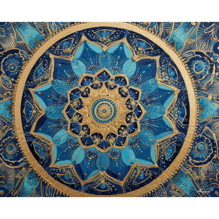 blue gold mandala, temple geometry pattern, structured layers art, sacred design symmetry, bold geometric mandala