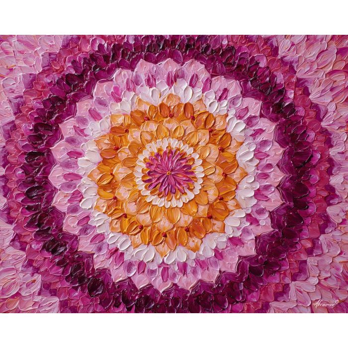 orchid mandala, sunrise palette, warm petal pattern, pink orange bloom, layered floral symmetry
