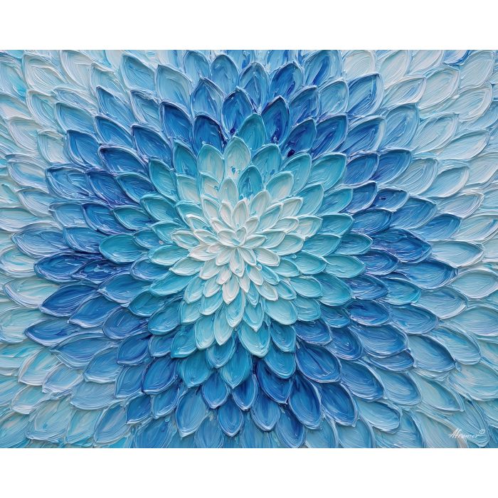 rain mandala, blue droplet pattern, petal shaped symmetry, water inspired design, gentle blue palette, calming geometric bloom, rainwater mandala art