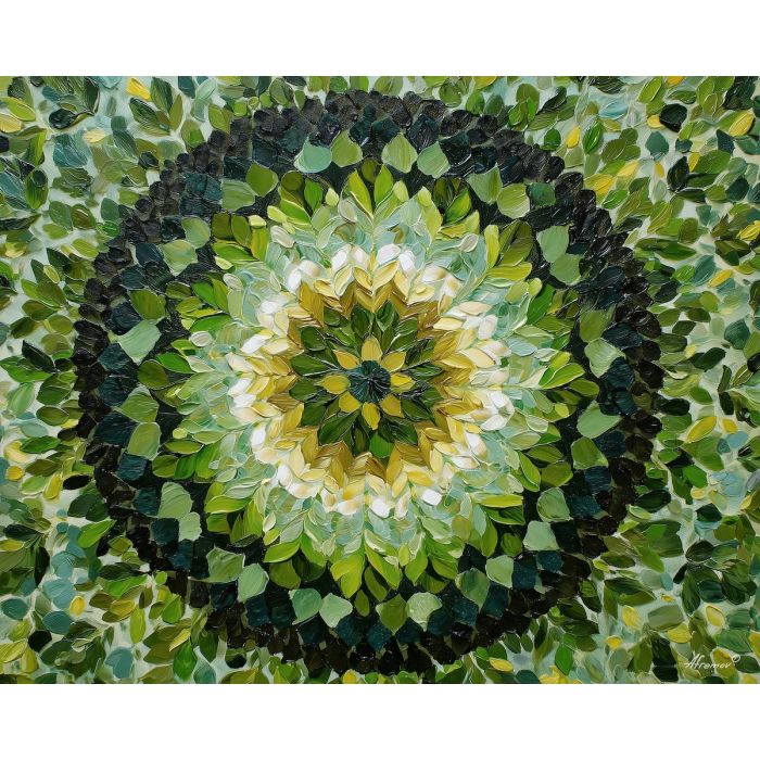 leaf mandala, green symmetry art, forest inspired pattern, nature circle design, earthy mandala painting, botanical geometry, layered green leaves, natural balance artwork, calming forest palette