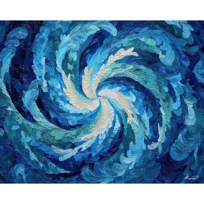 ocean wave mandala, swirling blue pattern, water inspired art, circular tide geometry, blue aqua tones, flowing symmetry mandala, wave motion circle, cool palette design