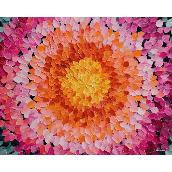 sunset mandala, orange pink coral palette, radiant petal symmetry, warm evening tones, floral mandala glow, circular bloom art