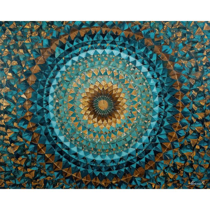 triangle mandala, geometric symmetry, teal gold copper palette, sacred geometry art, balanced circular pattern, angular mandala design, harmonious triangles, calm geometric painting