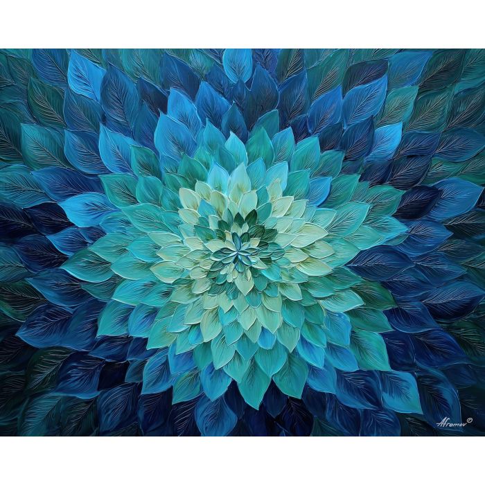 ocean mandala, teal blue petals, water inspired symmetry, calming mandala art, aquatic colors painting, geometric sea bloom, cool tone mandala, wave like pattern, symmetrical flower design, peaceful teal mandala