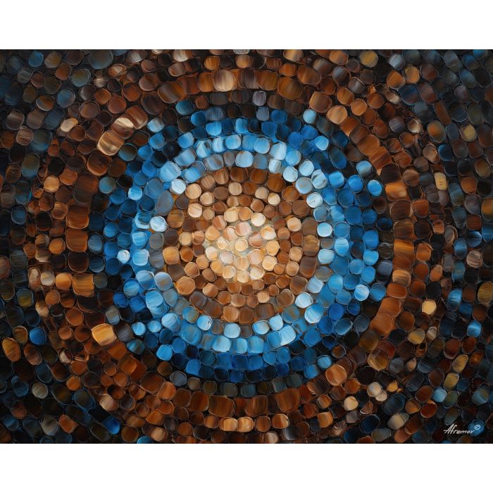 mountain mandala, sky inspired shapes, brown blue tones, land sky symmetry, nature circle design, balanced mandala art