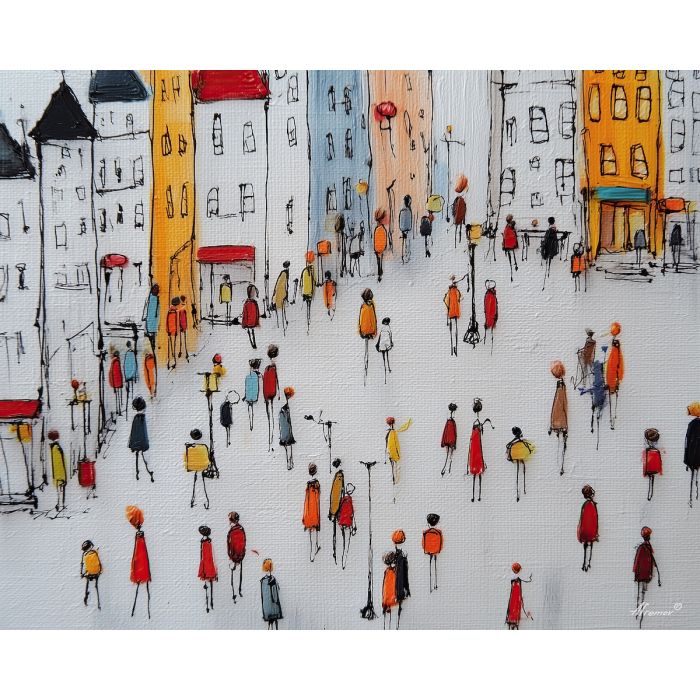 doodle street, stick figure people, simple buildings sketch, cute city doodle, playful street scene, hand-drawn urban art