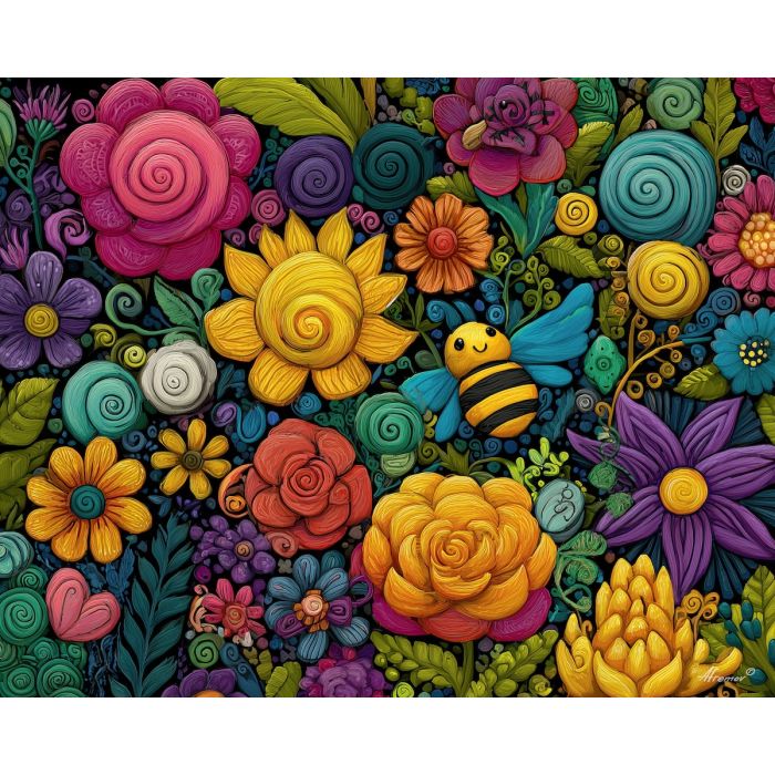 doodle garden, whimsical flowers, cute bees doodle, colorful floral sketch, hand-drawn nature design, playful plant shapes, bright doodle art