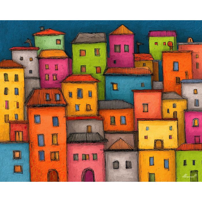 doodle cityscape, cartoon buildings, hand-drawn rooftops, simple city sketch, playful building shapes, bright city colors, doodle architecture