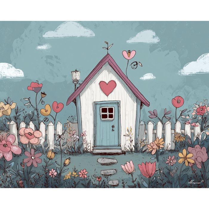 doodle cottage, small house sketch, floral doodle yard, heart shapes art, cozy home illustration, cute property doodle