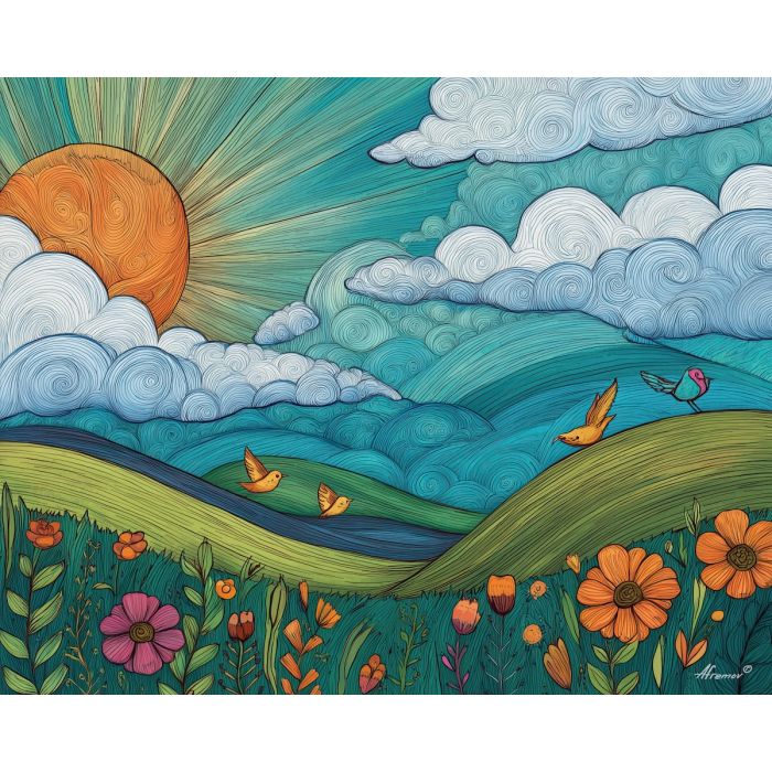 doodle landscape, spring flowers sketch, rolling hills doodle, childlike scenery art, bird outlines, playful sun rays