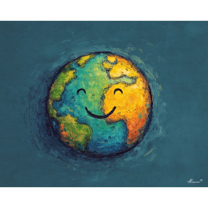 doodle earth, smiley world art, simple globe drawing, playful planet sketch, cute face illustration, green blue doodle design, friendly earth icon