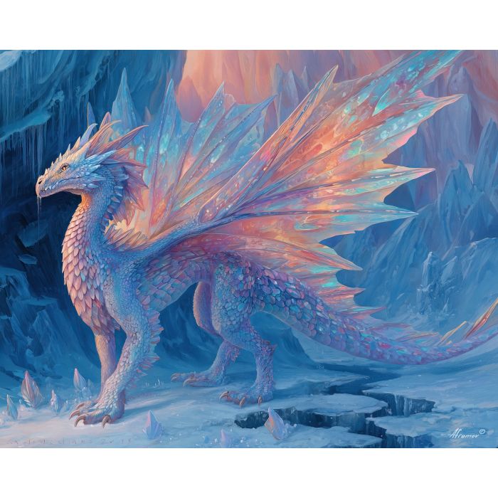 crystal dragon, rainbow reflections, icy landscape, shimmering wings, fantasy crystal creature, light refracting dragon, cold palette