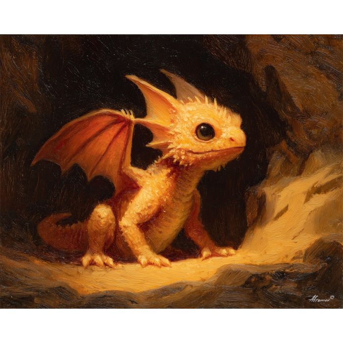 baby dragon, hatchling creature, glowing wings, warm cavern light, orange fire tones, cute fantasy dragon