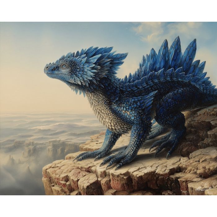 blue dragon, sapphire spikes, cliff scene, regal posture, sharp scales, bright sky background, fantasy mountaintop